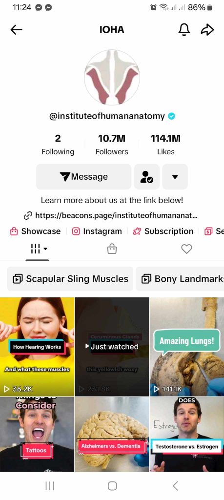 High Social’s screenshot shows a TikTok profile page about human anatomy.