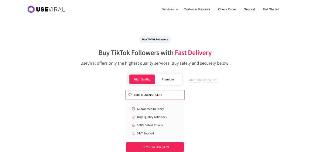 High Social’s screenshot of the UseViral page to buy TikTok followers.