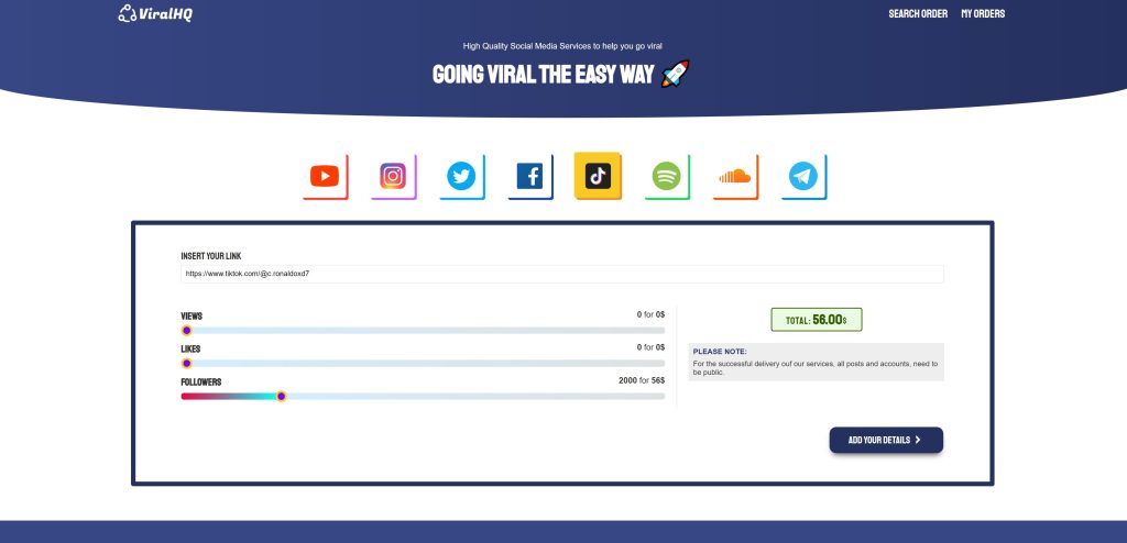 High Social’s screenshot of the ViralHQ page to buy TikTok followers.