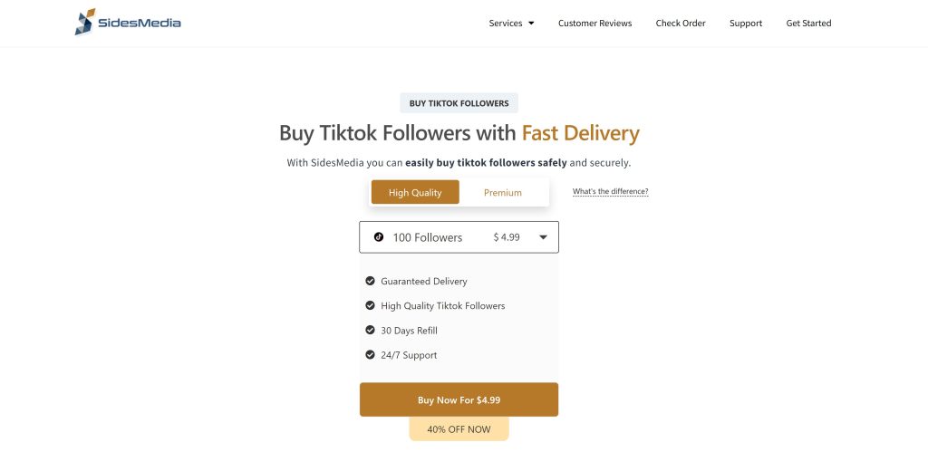 High Social’s screenshot of the SidesMedia page to buy TikTok followers.