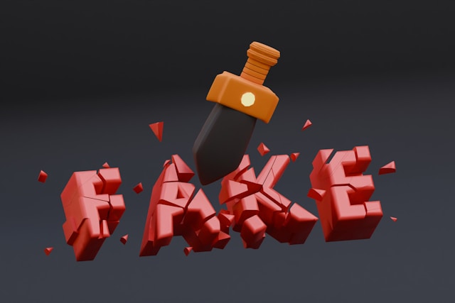 A fake sword puts cracks on the word “FAKE.”