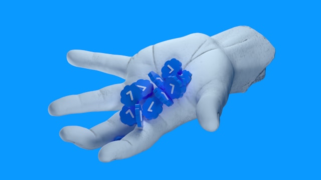 A white, digital hand hands out small blue and white checkmarks.