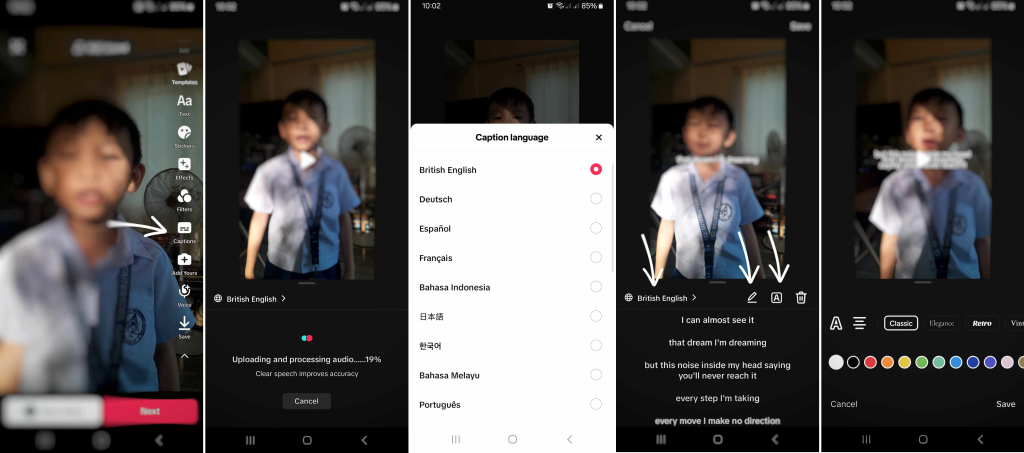 High Social’s screenshots show how to generate and edit auto-captions for a video.