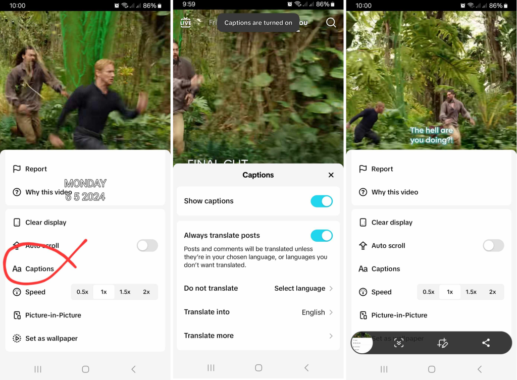 High Social’s screenshots show how to turn on captions when watching TikTok videos.