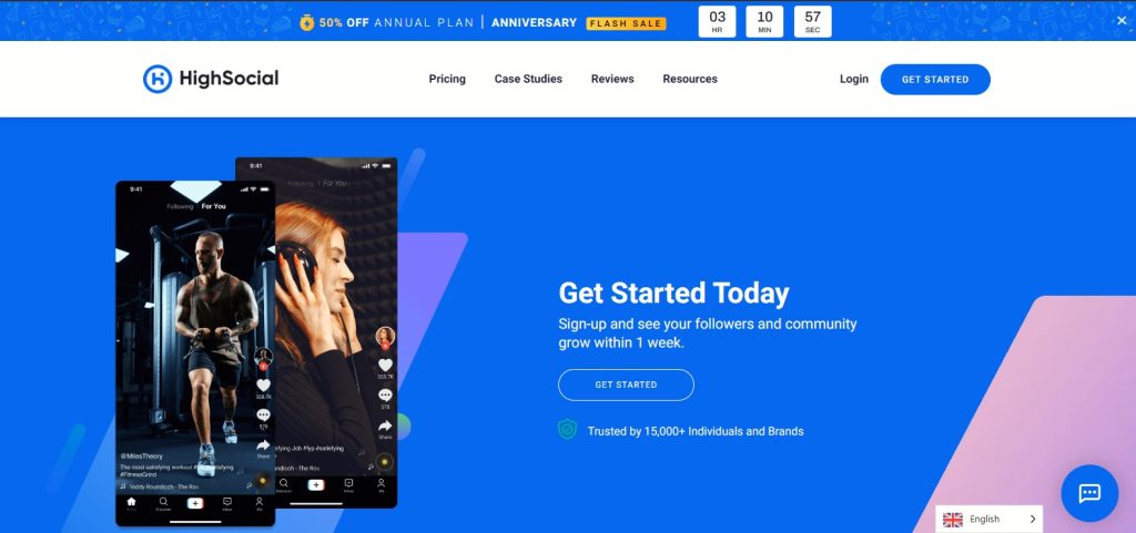 High Social’s screenshot shows the site’s home page featuring two creators appearing on two different phone screens.