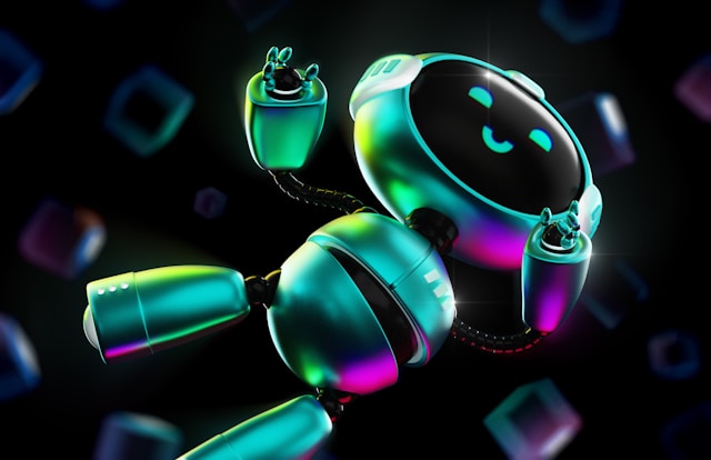 A metal green bot floats in cyberspace.