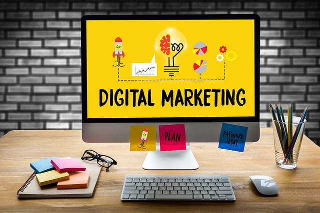 A desktop screen displays the words “Digital Marketing.”