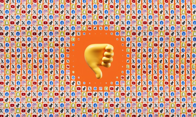 A big thumbs down icon in the middle of repeating social media logos.
