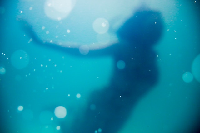 A silhouette of a woman swimming underwater.