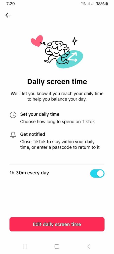 High Social’s screenshot shows TikTok’s Daily Screen Time Limit feature.