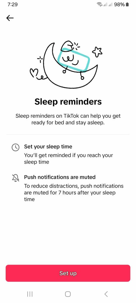 High Social’s screenshot shows TikTok’s Sleep Reminders feature.
