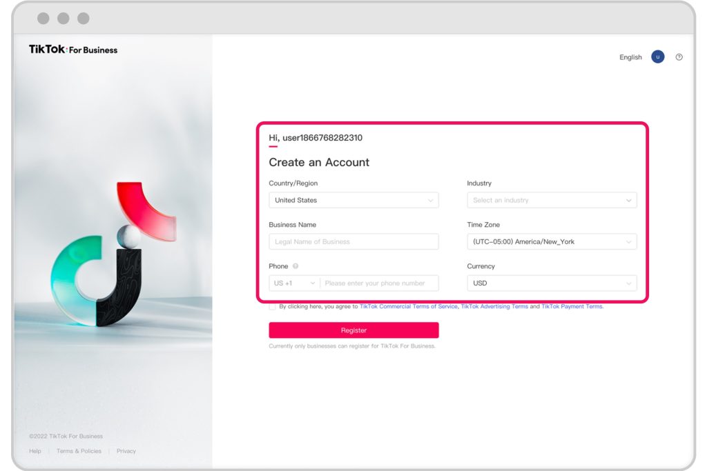 High Social’s screenshot shows the TikTok For Business account creation page.