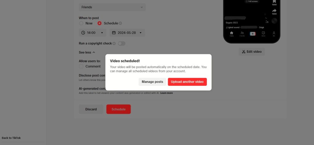High Social’s screenshot shows how TikTok’s video scheduling works.