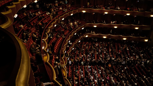 Viewers fill up the tiered seats in a theater.