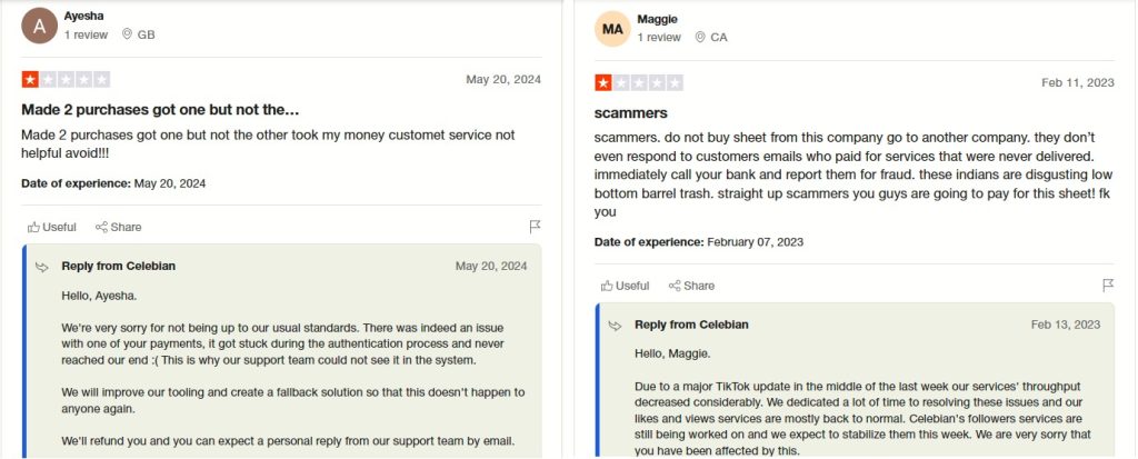 High Social’s screenshots show 1-star ratings and feedback for Celebian on Trustpilot.