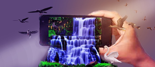 A special effect image of a phone with birds and a flowing stream.
