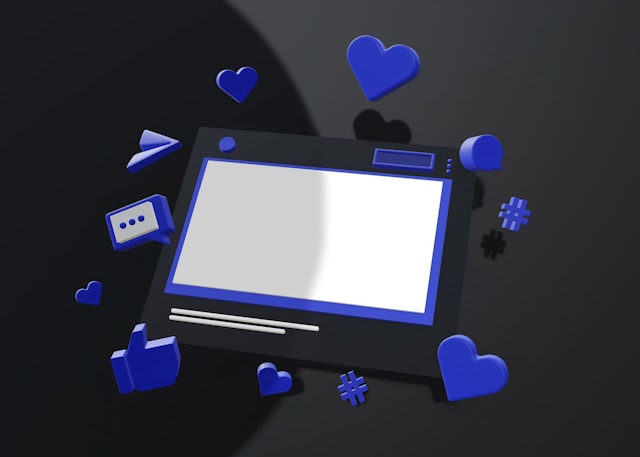 Multiple social media engagement buttons float around a tablet.