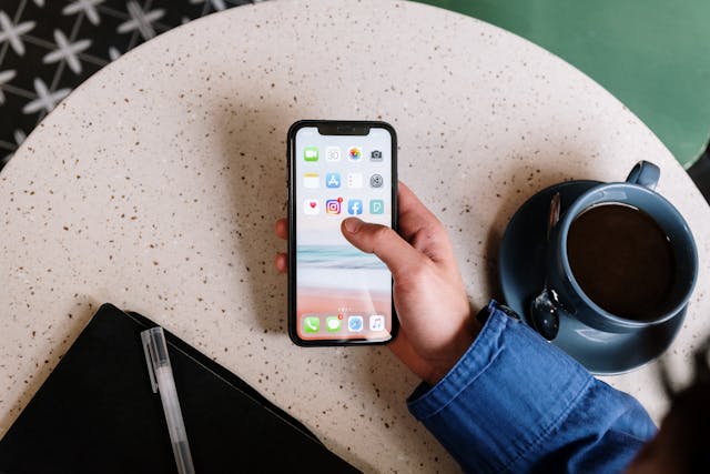 Aerial shot of a person holding a phone with the home screen on display.