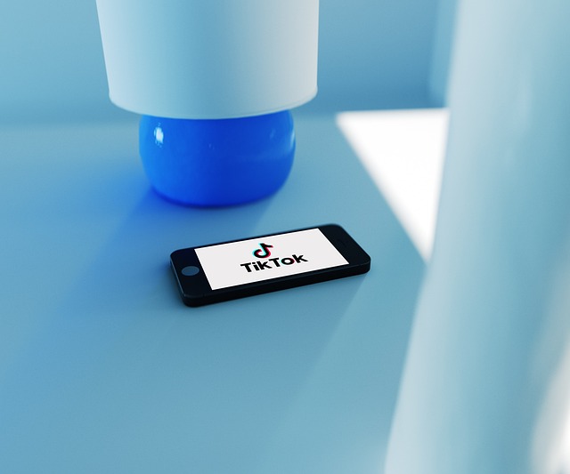 A phone on a light blue surface shows the TikTok logo.