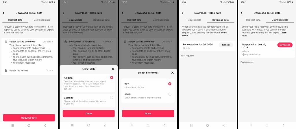 High Social’s screenshots show how to download a TikTok user’s account data.