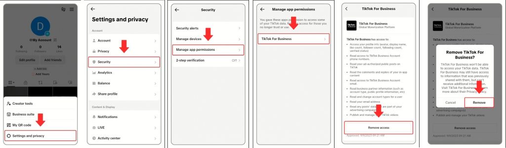 High Social’s screenshots show how to unlink a Personal Account from a TikTok for Business account.