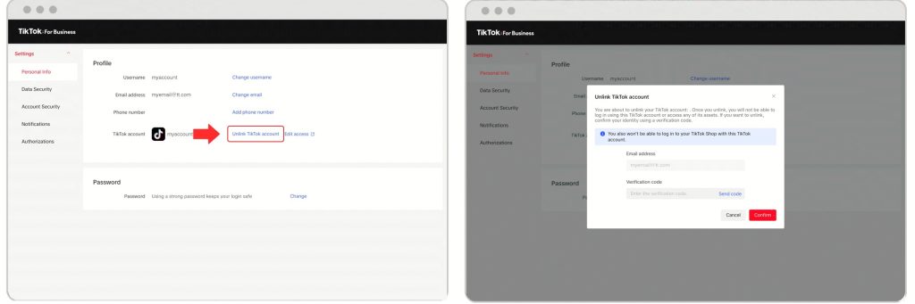 High Social’s screenshots show how to unlink Personal and Business Accounts from the TikTok for Business User Settings.