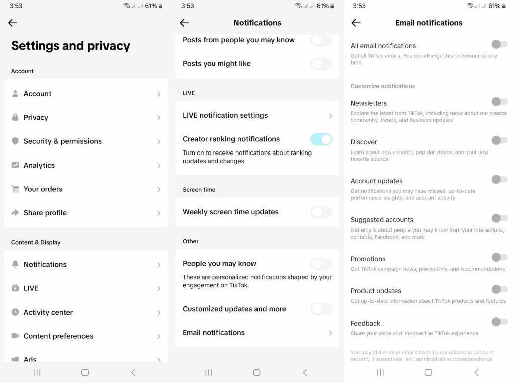 High Social’s screenshots show how to find TikTok’s email notification settings.