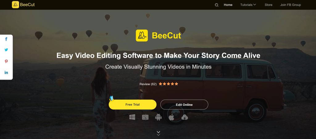 High Social's screenshot of the BeeCut editor website homepage.
