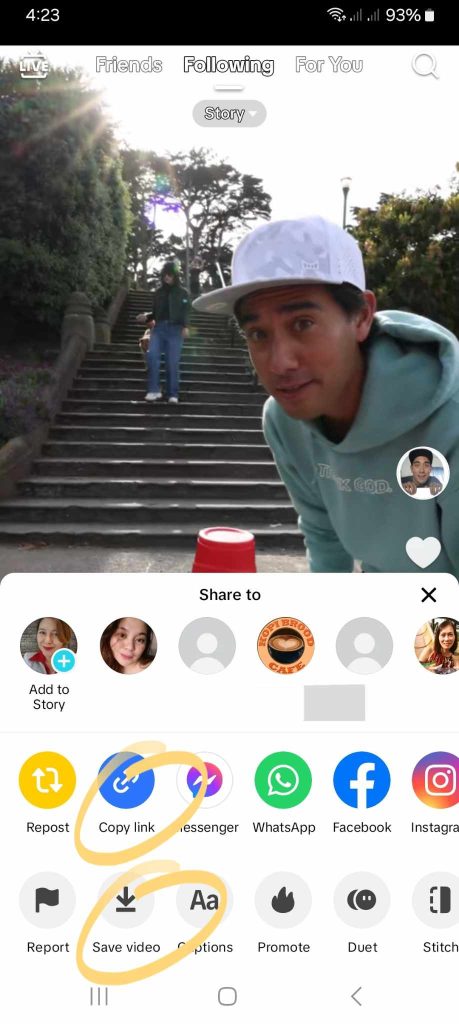 High Social’s screenshot shows where to find the Save video and Copy link options.