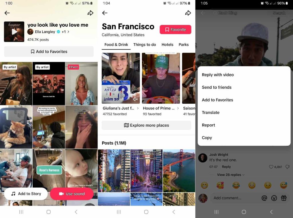 High Social’s screenshots show how to add a sound, place, or comment to the Favorites folder.