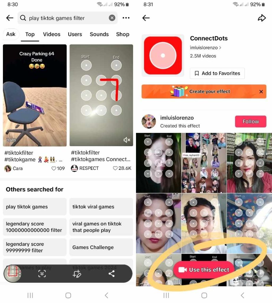High Social’s screenshots show how to find TikTok mini games via the search tool.
