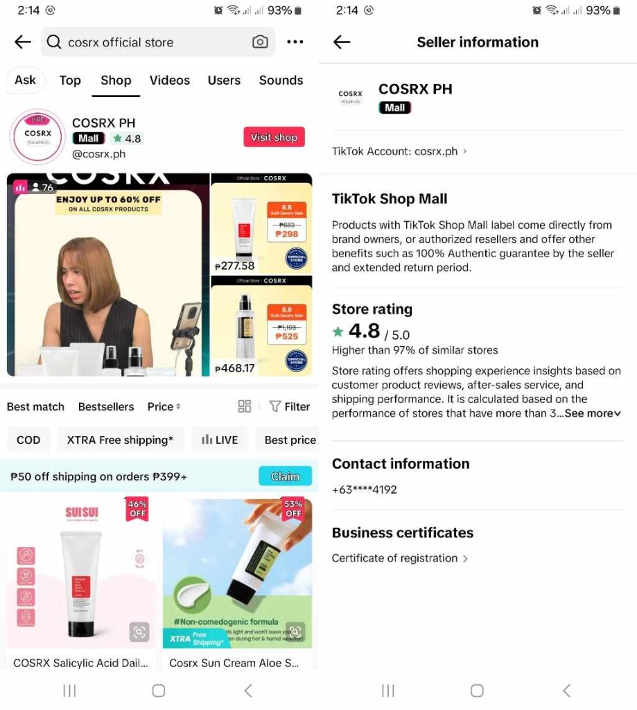 High Social’s screenshots show what a legit TikTok Shop looks like.