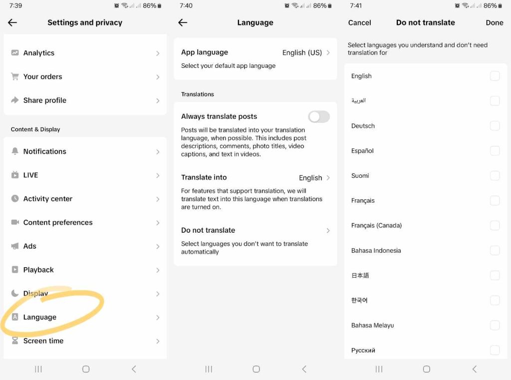 High Social’s screenshots show how to turn TikTok’s auto-translate feature on or off via the TikTok settings.