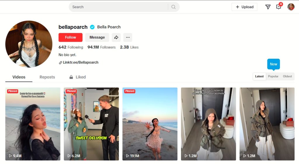 High Social’s screenshot shows Bella Poarch’s TikTok profile page.