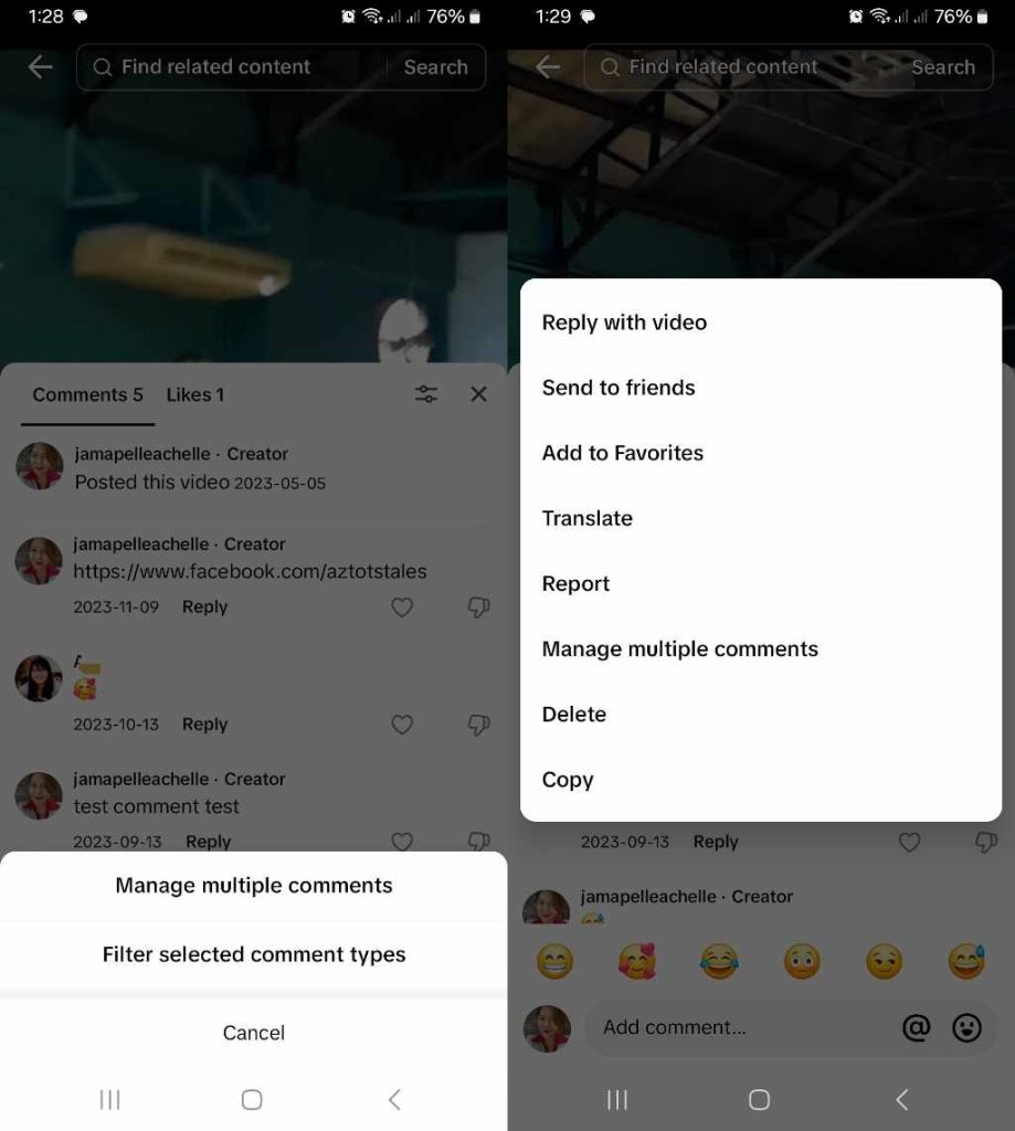High Social’s screenshots show how to delete comments on TikTok.