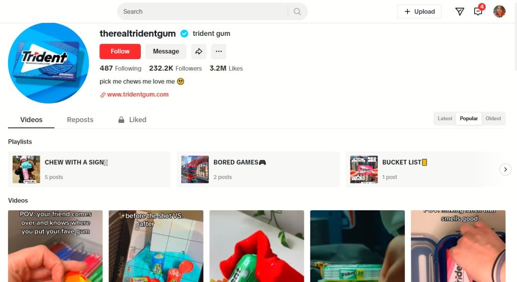 High Social’s screenshot shows Trident Gum’s official page on TikTok.