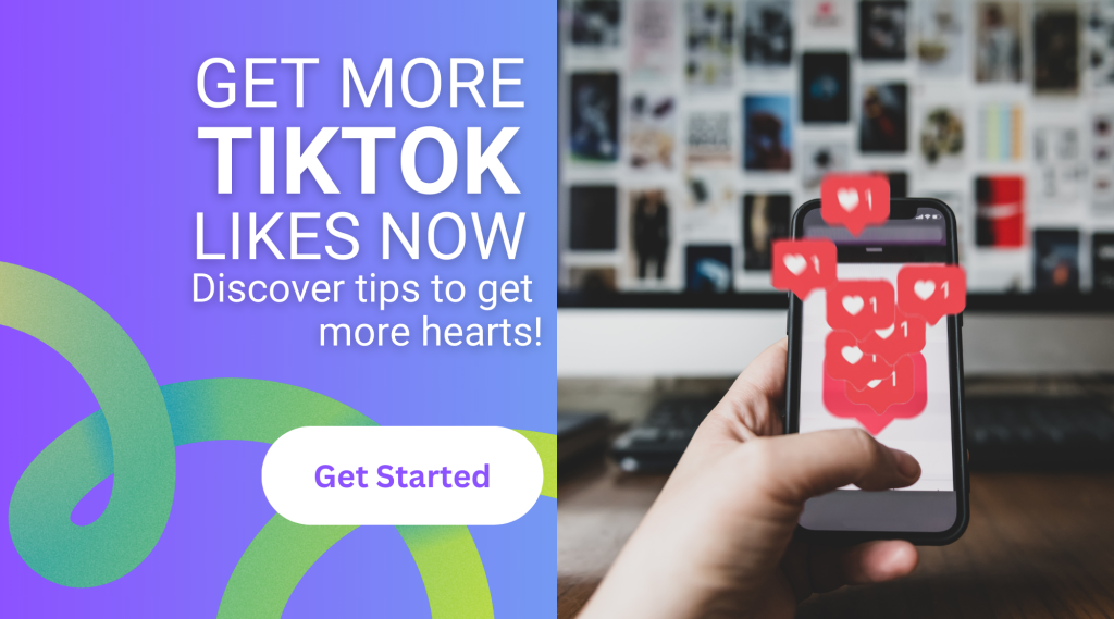 High Social graphic of a phone with floating likes, promoting tips to increase TikTok likes, with a "Get Started" button.