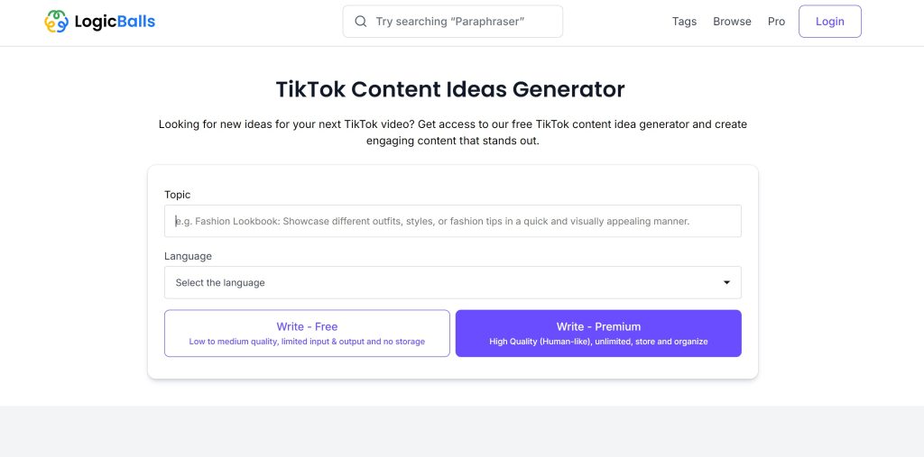 High Social’s screenshot of the LogicBalls content idea generation page.