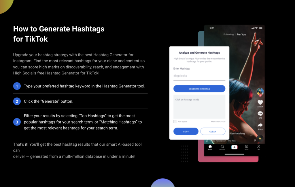 High Social graphic explaining how to use their TikTok Hashtag Generator and featuring an image of the tool.