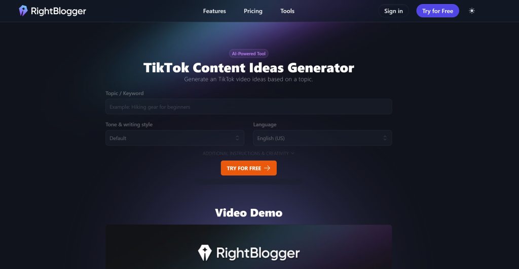 High Social’s screenshot of the RightBlogger TikTok content idea generation page.