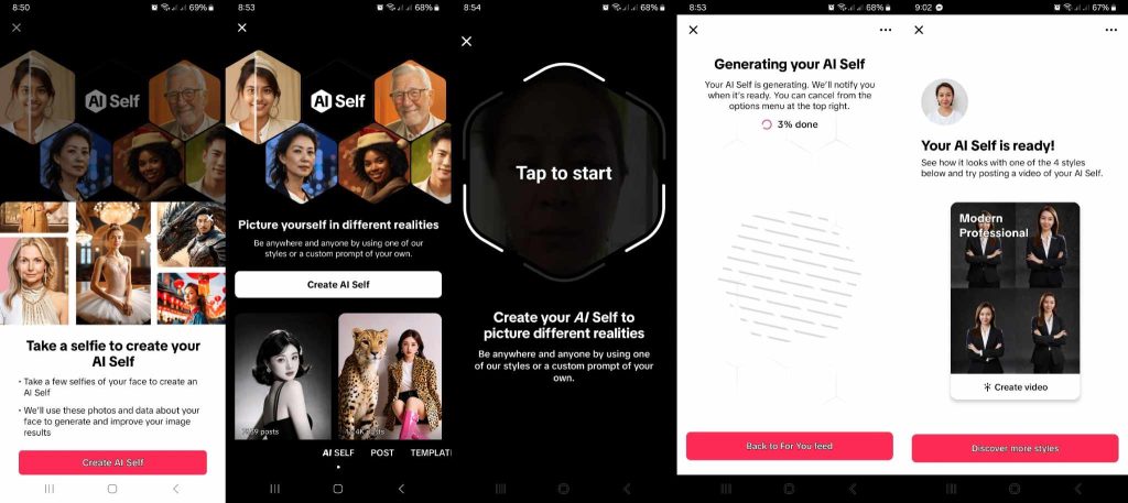 High Social’s screenshots show how TikTok’s AI SELF filter works.