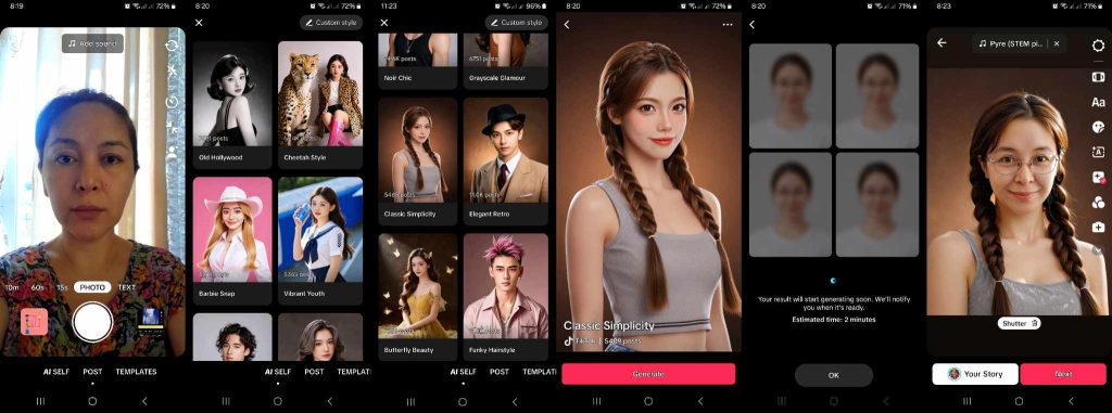 High Social’s screenshots show how to access the AI SELF filter on TikTok.