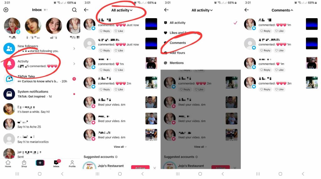 High Social’s screenshots show where to find all comments via the TikTok Inbox.