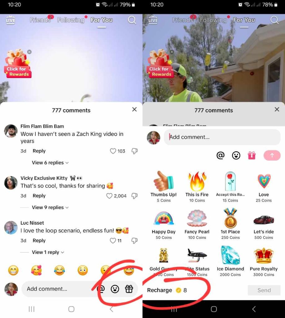 High Social’s screenshots show how to purchase Coins to buy TikTok Gifts via a post’s Comments section.