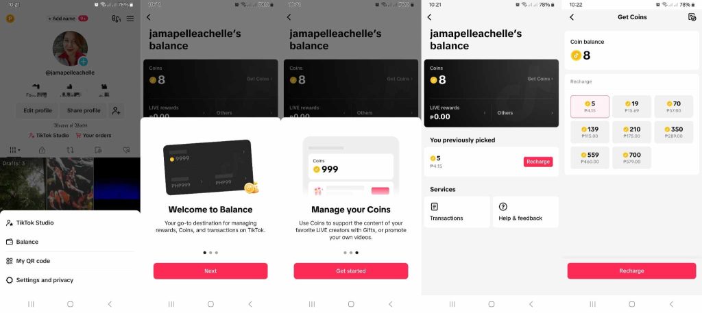High Social’s screenshots show how to Recharge TikTok Coins via the app’s Balance feature.