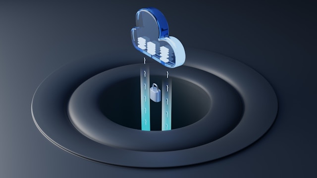 A padlock and two lines of arrows pointing up are under a cloud-shaped glass representing secure data streaming.