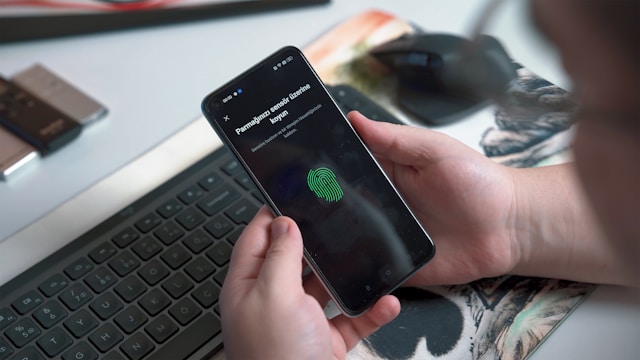 A phone screen displays a fingerprint scanner.