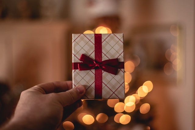 A person holds out a small gift wrapped in plaid gift paper and a red ribbon.