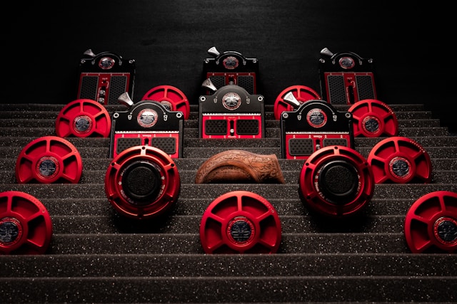Rows of red film reels.