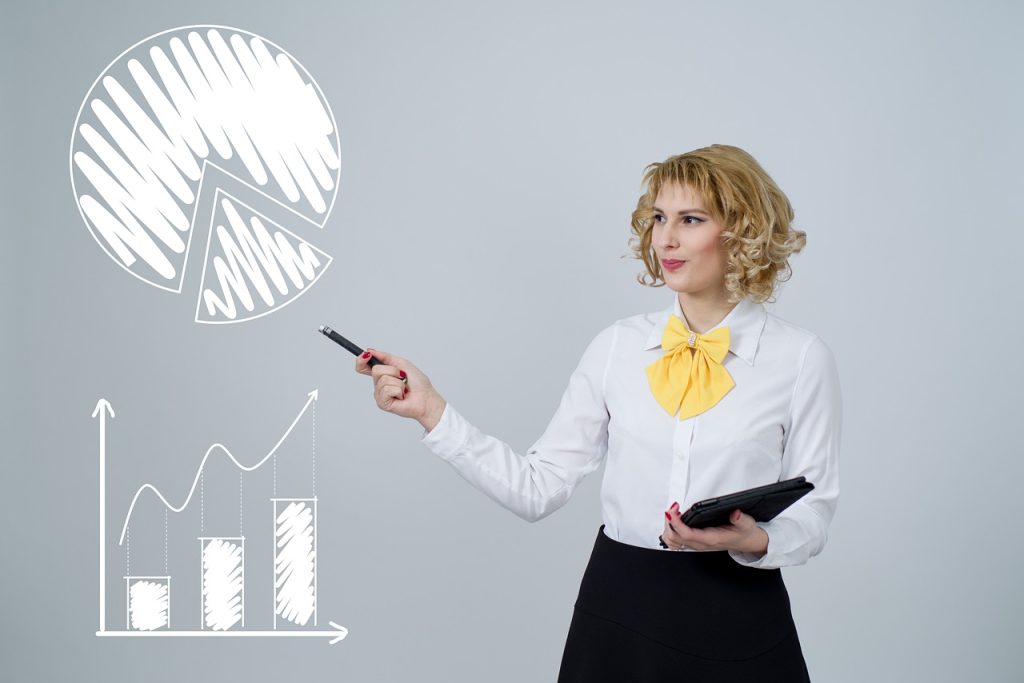 A person points to a graph with rising bars.